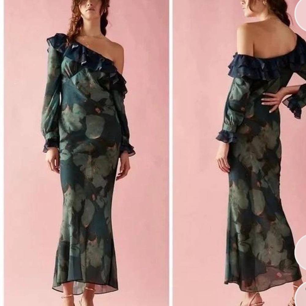Stone Cold Fox Green One Shoulder Gown with Bishop Sleeves